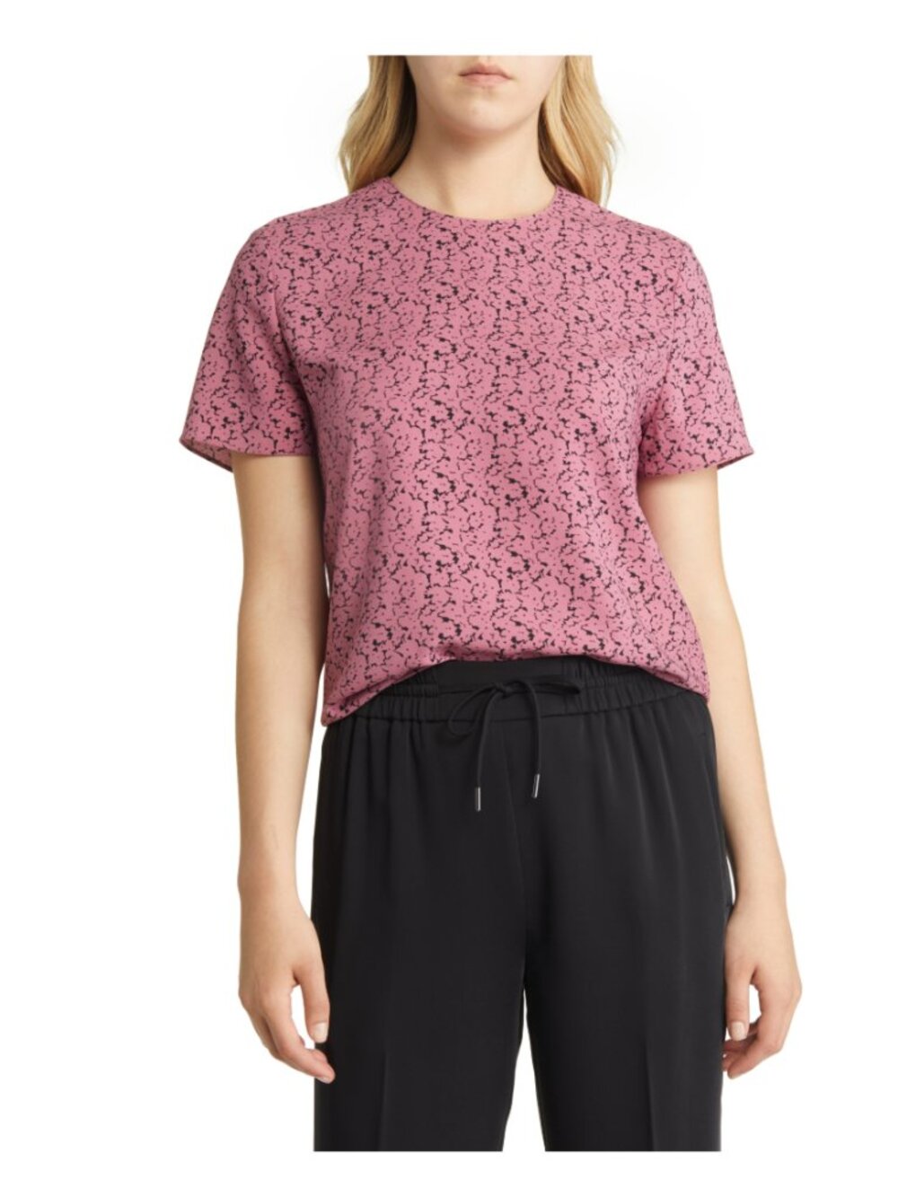 Nordstrom Pink Black Floral Abstract Print Keyhole Back Short Sleeve Top Size M